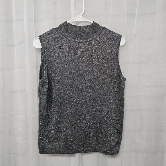 Liz Claiborne Gray Silver Metallic Mock Neck Knit Tank Sleeveless SP - Picture 6 of 10
